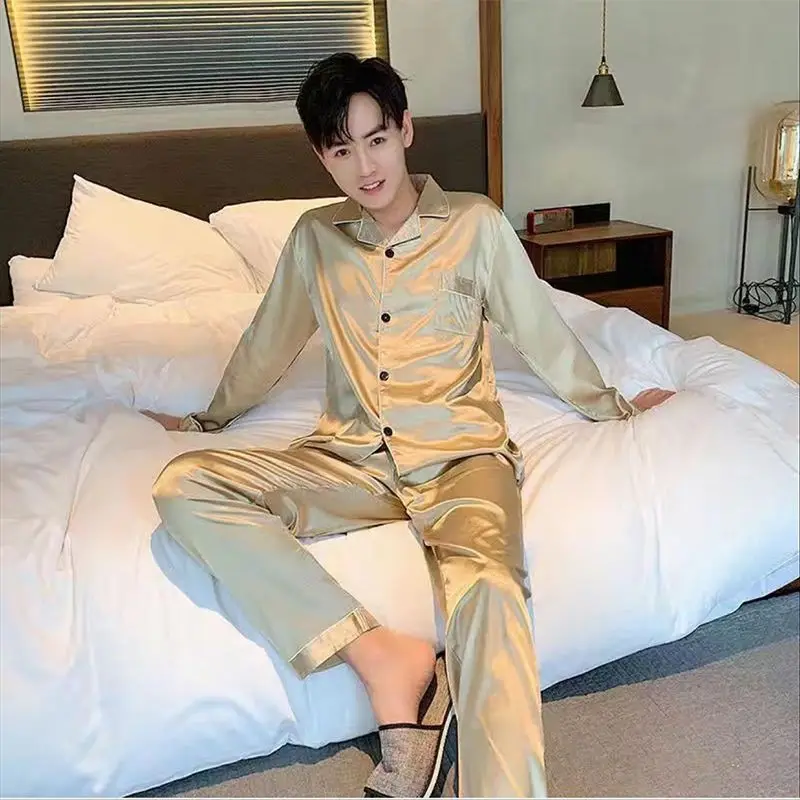 Ice Silk Sleepwear Men Silk Pajama Set Big Size Nightwear Long Sleeve Long Pant Button Loungewear Cardigans Loose Casual