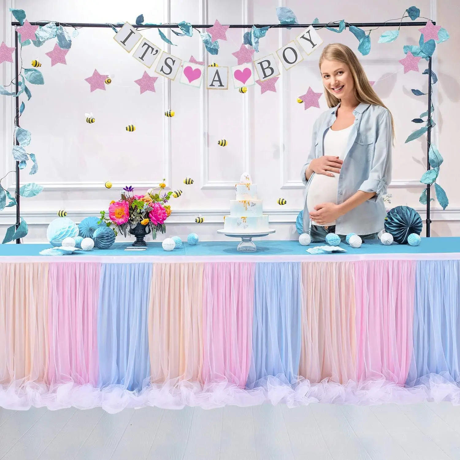 Tulle Tutu Table Skirt for Unicorn Themed Party,Baby Shower Wedding,Table Skirt for Rectangle Table or Round Decorations
