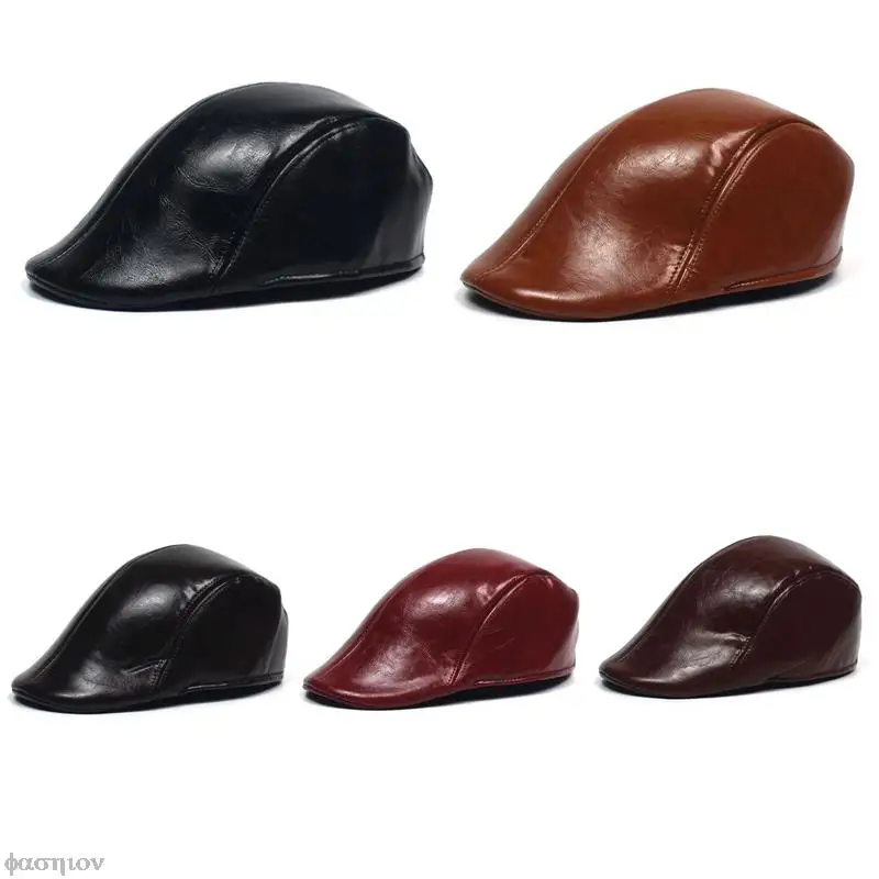 Man Berets Leather British Vintage Flat Caps New Male Solid Gray Black Spring Autumn Winter Adjustable Driver Hats 2