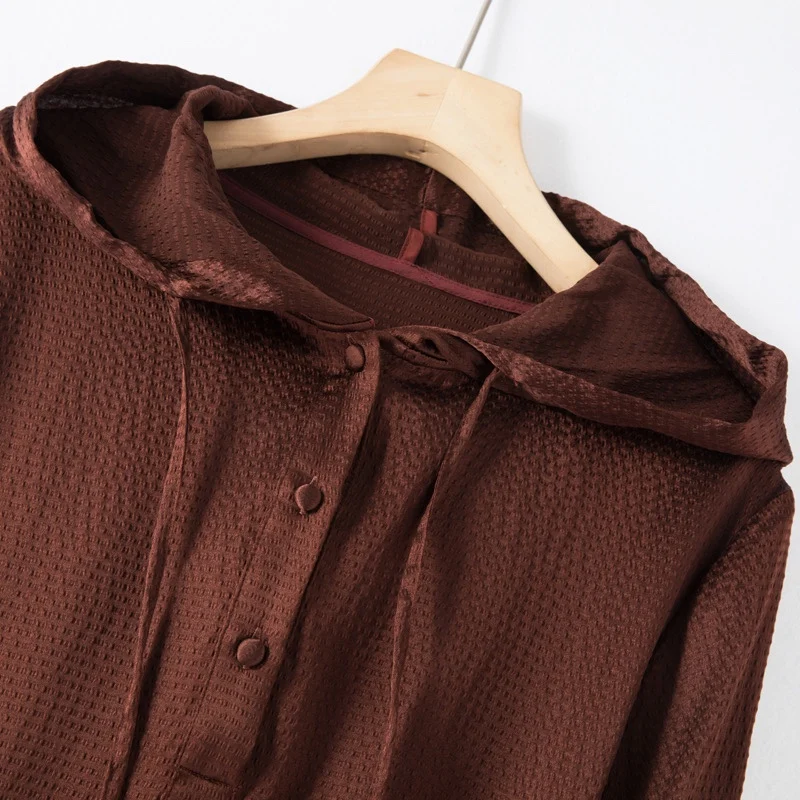 2023 Women's Chocolate Elastic Pearl Satin Long Sleeve Hoodie with Mulberry Silk Sunshade and Sunscreen Coat