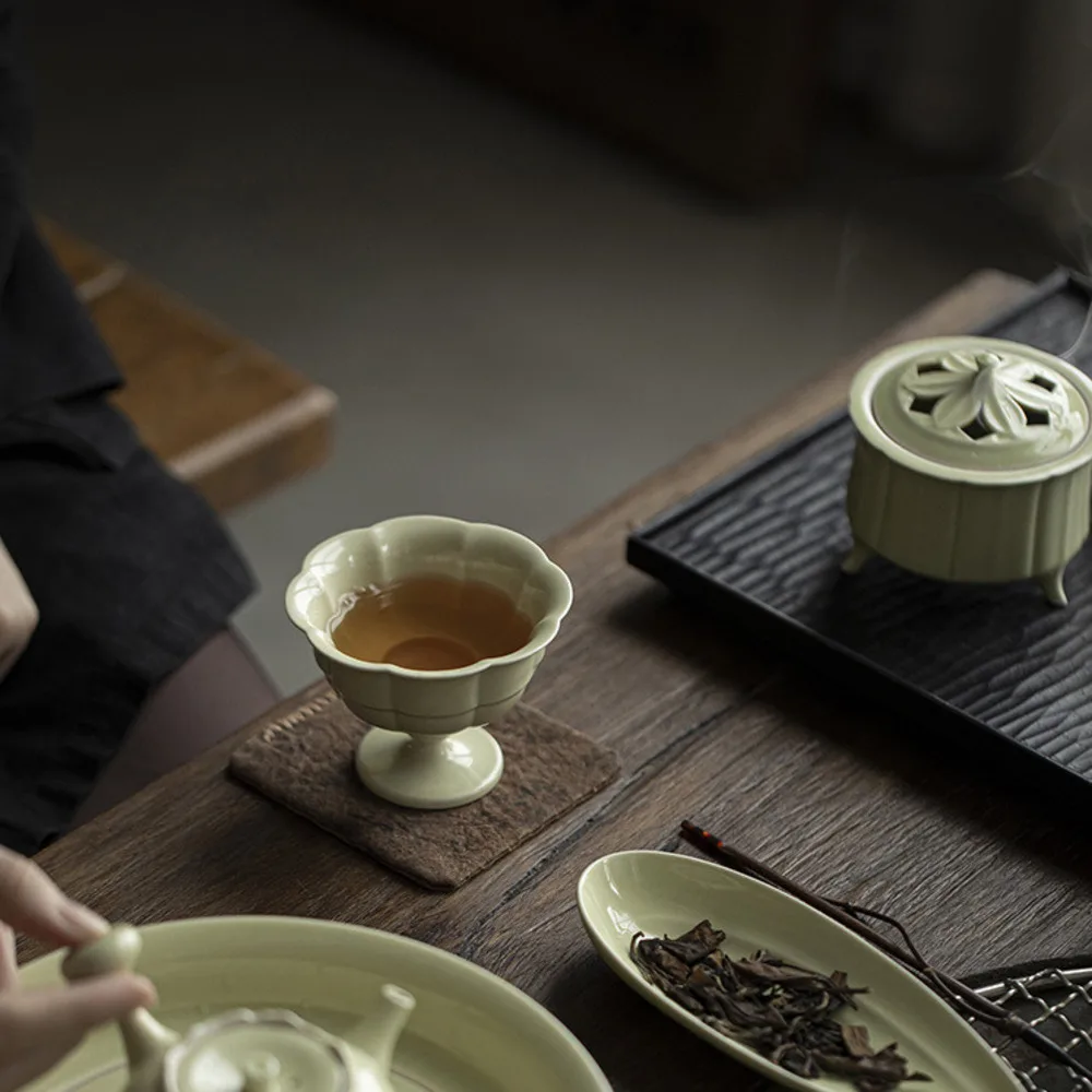 90ml Handmade Reed Green Master Cup Boutique Flower Mouth Teacup Retro High-feet Meditation Cup Chazhan Chinese Tea Set Crafts