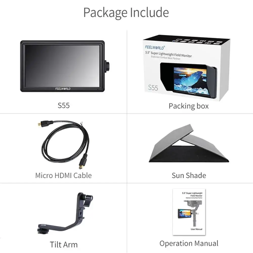 S55 5.5 Inch DSLR Camera Field Monitor Focus Assist Small HD 1280x720 IPS with 8