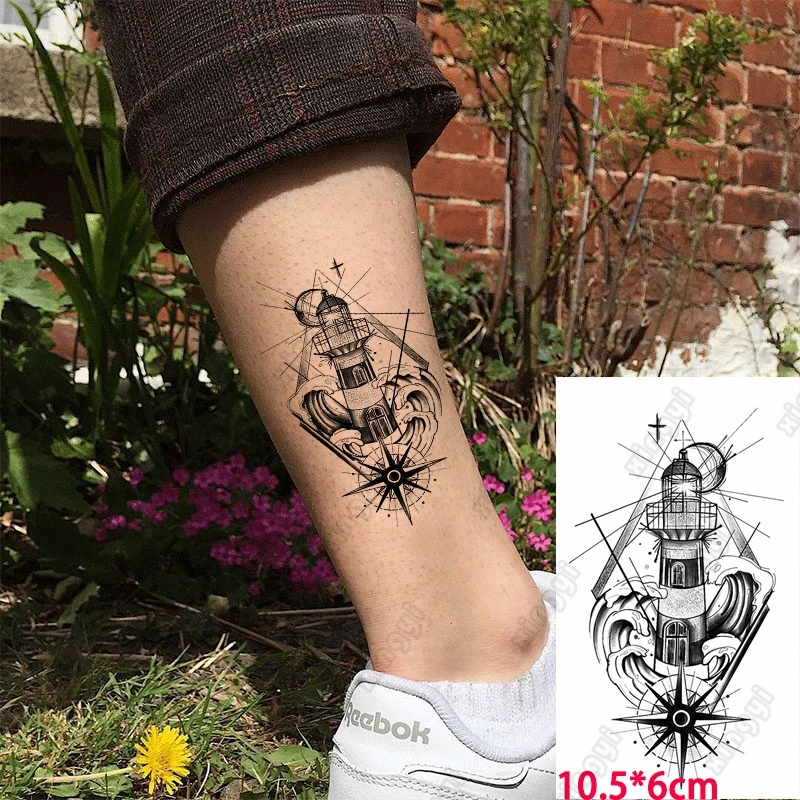 

Beacon Tower Waves Cross Compass Moon Bottle Tattoo Temporary Tatto Stickers for Women Men Water Transfer Fake False Tattos