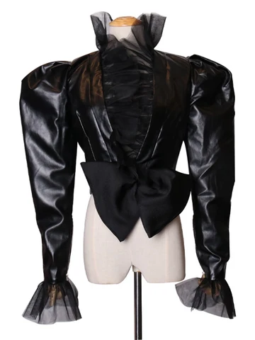 Patchwork Mesh PU Leather Women's Jackets V Neck Puff Long Sleeve High Waist Slim Bow Coat Female 2020 Fashion Tide