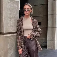Chemise à carreaux décontractée pour femme, ample, boutons à revers, manteau à manches longues, confortable, Vintage, kaki, hauts féminins, Streetwear, automne hiver 3