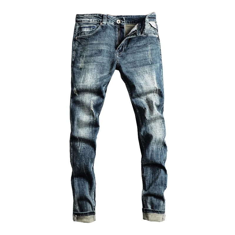 Italian Style Fashion Men Jeans Retro Blue Elastic Slim Fit Ripped Jeans Men Trousers Vintage Designer Casual Denim Pants Hombre 2