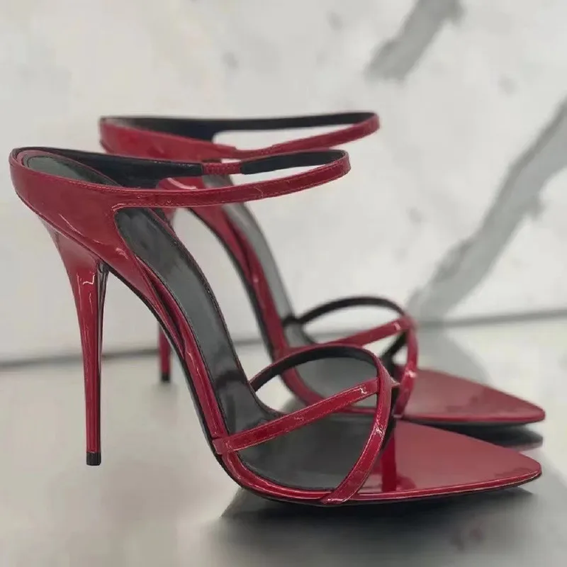 

Women Slippers Pointed Toe High Heel Strappy Dress Shoes Ladies Red Summer Sandals Sexy Patent Leather Outside Slides 2023 New
