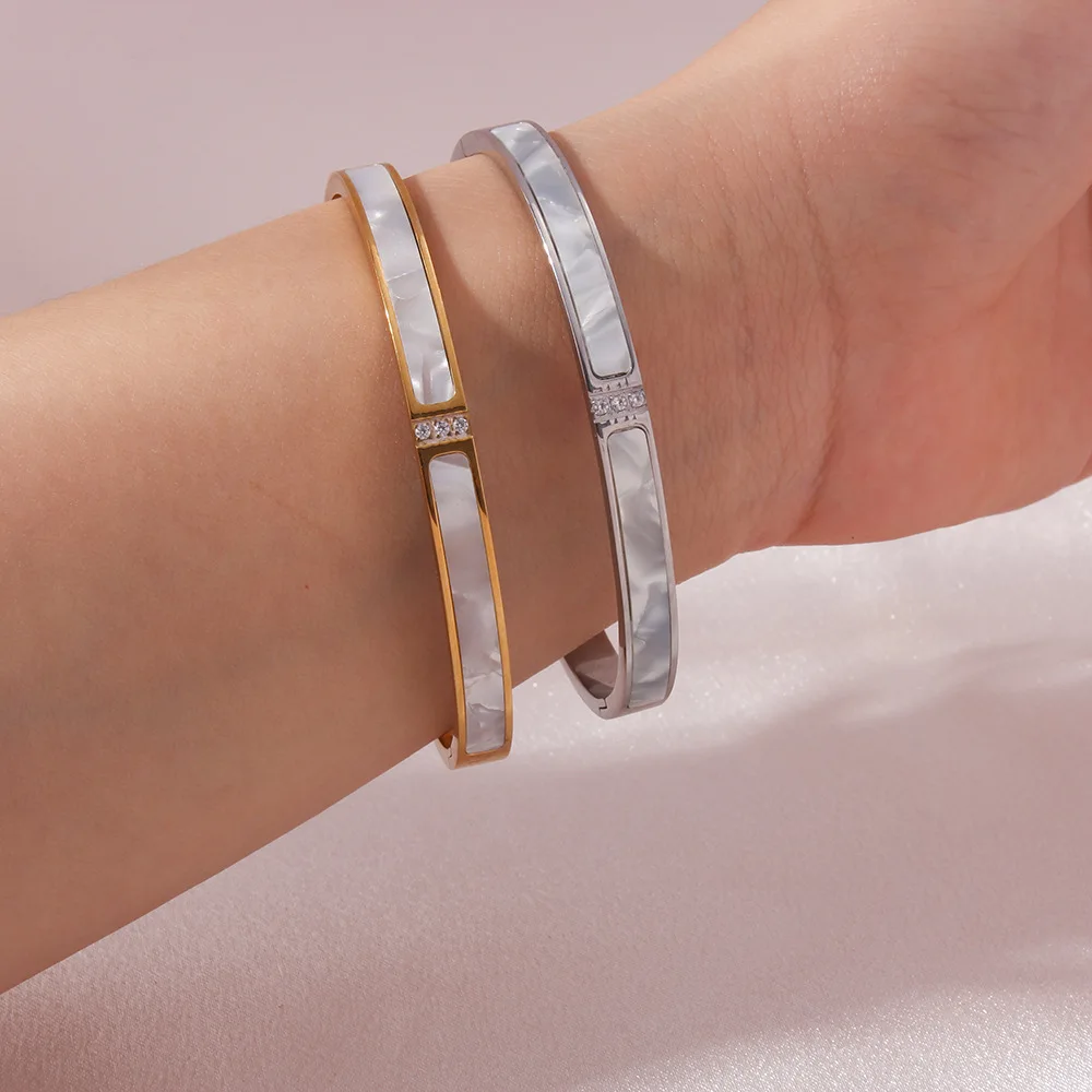 Htpwe Stainless Steel Rectangular Shell Inlaid Zirconium Bracelet Women 18kGold Couple Holiday Gift Bracelet Party Daily Jewelry bangle bracelet stainless steel bracelet zircon bracelet zirconia bangle