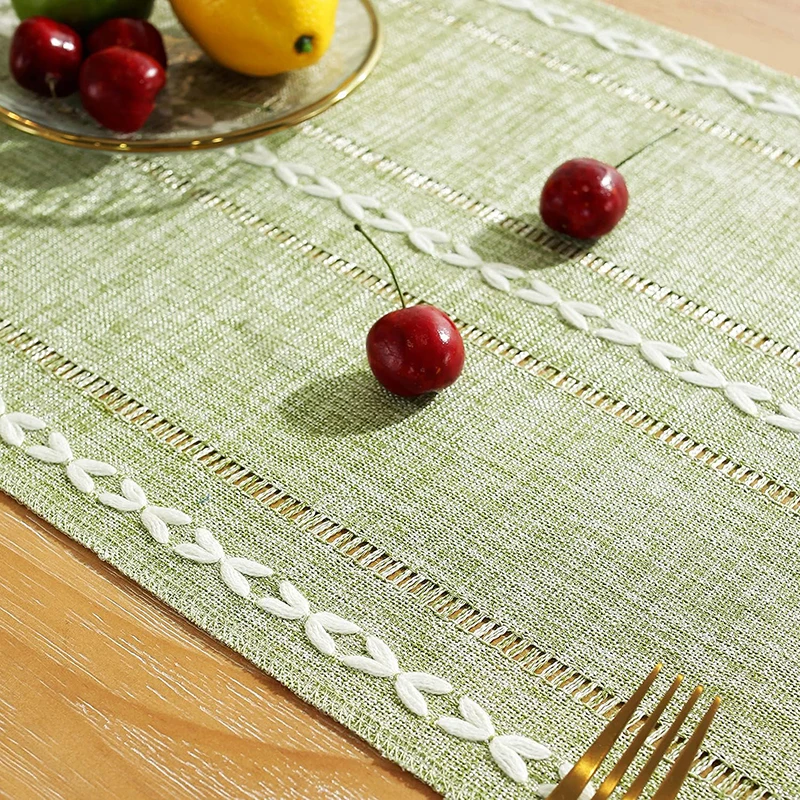 Green Table Runners Boho Rustic Tassels Farmhouse Braided Striped Cotton Linen for Dining Party Holiday Wedding Table Decoration 3