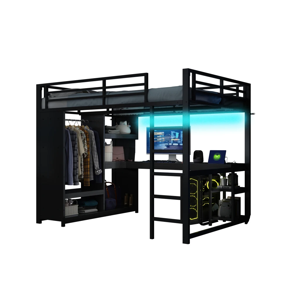 Schwarzes Metall-Gaming-Hochbett mit LED-Beleuchtung 140x200/160x200cm Multifunktionales Kinder-Etagenbett mit Schreibtisch Offener Kleiderschrank Aufbewahrungsboxen – Detail 6