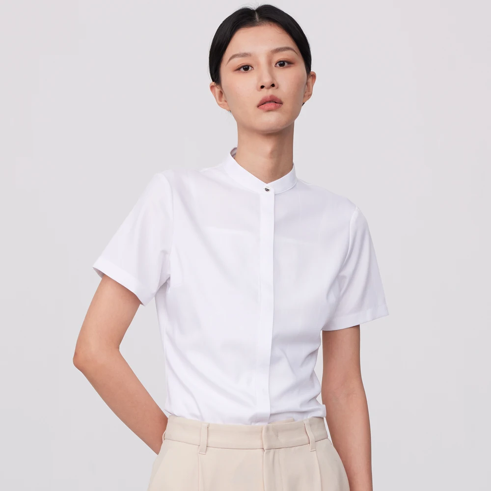 

Women's Short Sleeve Stand Collar Concealed Buttoned Placket Shirt Without Pocket Ladies Office Slim Summer Casual Blouse Shirts