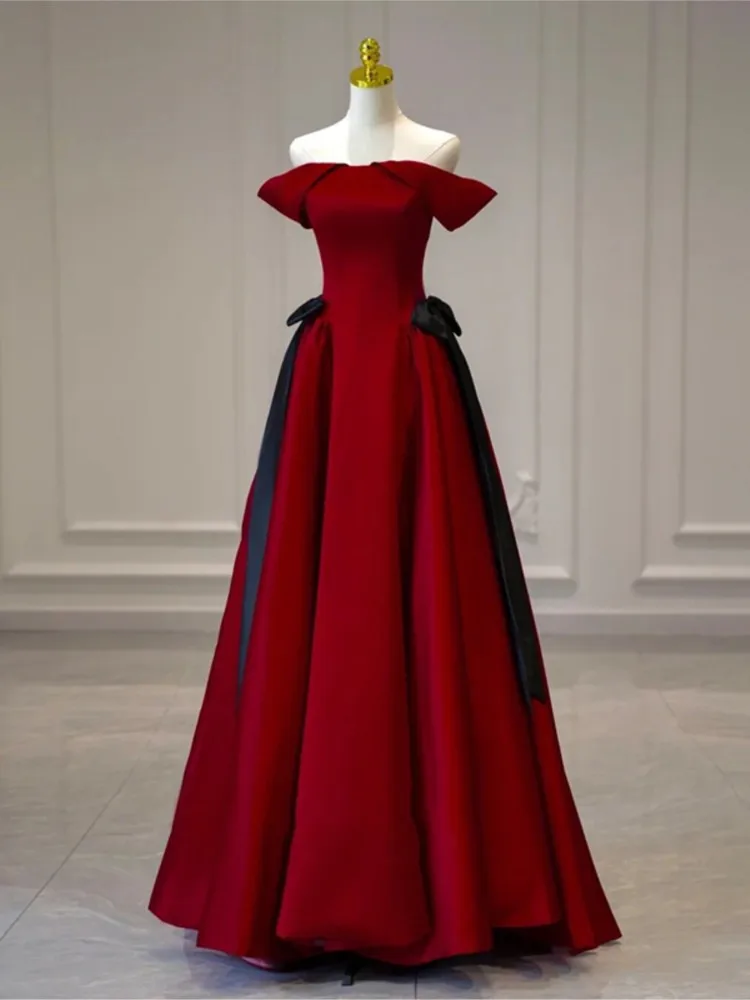 

Атласное потрясающее платье с открытыми плечами, новинка, темпераментное обручальное платье невесты, винно-красное, приталенное