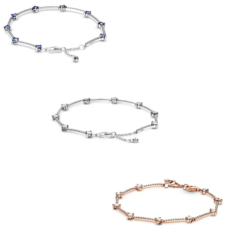 

Authentic 925 Sterling Silver Sparkling Blue Pave Bar With Crystal Bracelet Bangle Fit Bead Charm Diy Fashion Jewelry