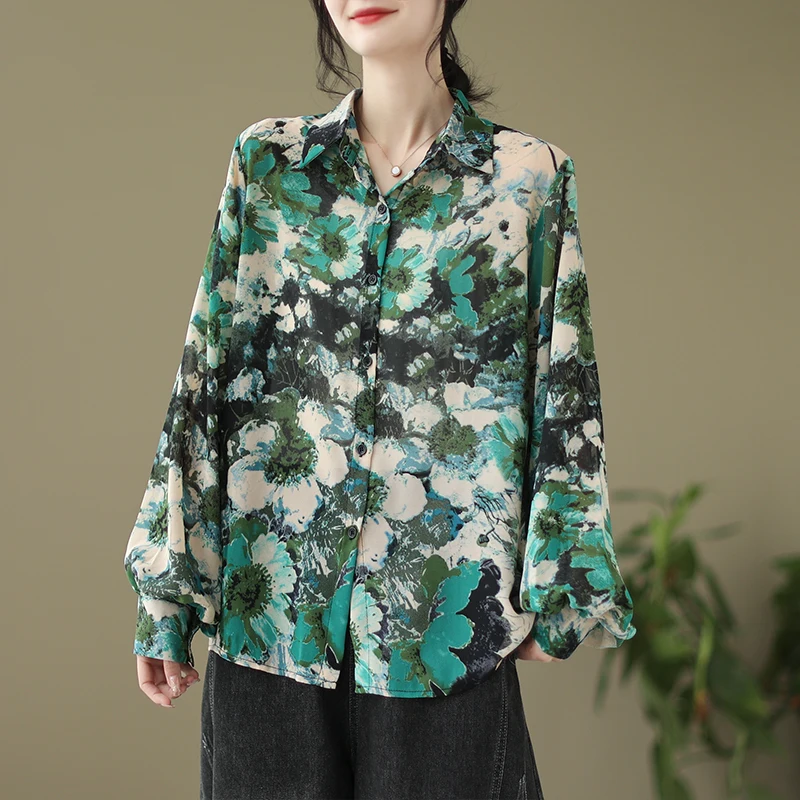 Temperament Standing Collar Printed Long Sleeved Shirt for Women's Spring Autumn Fashion Single Row Multi Button Loose Shirt Top