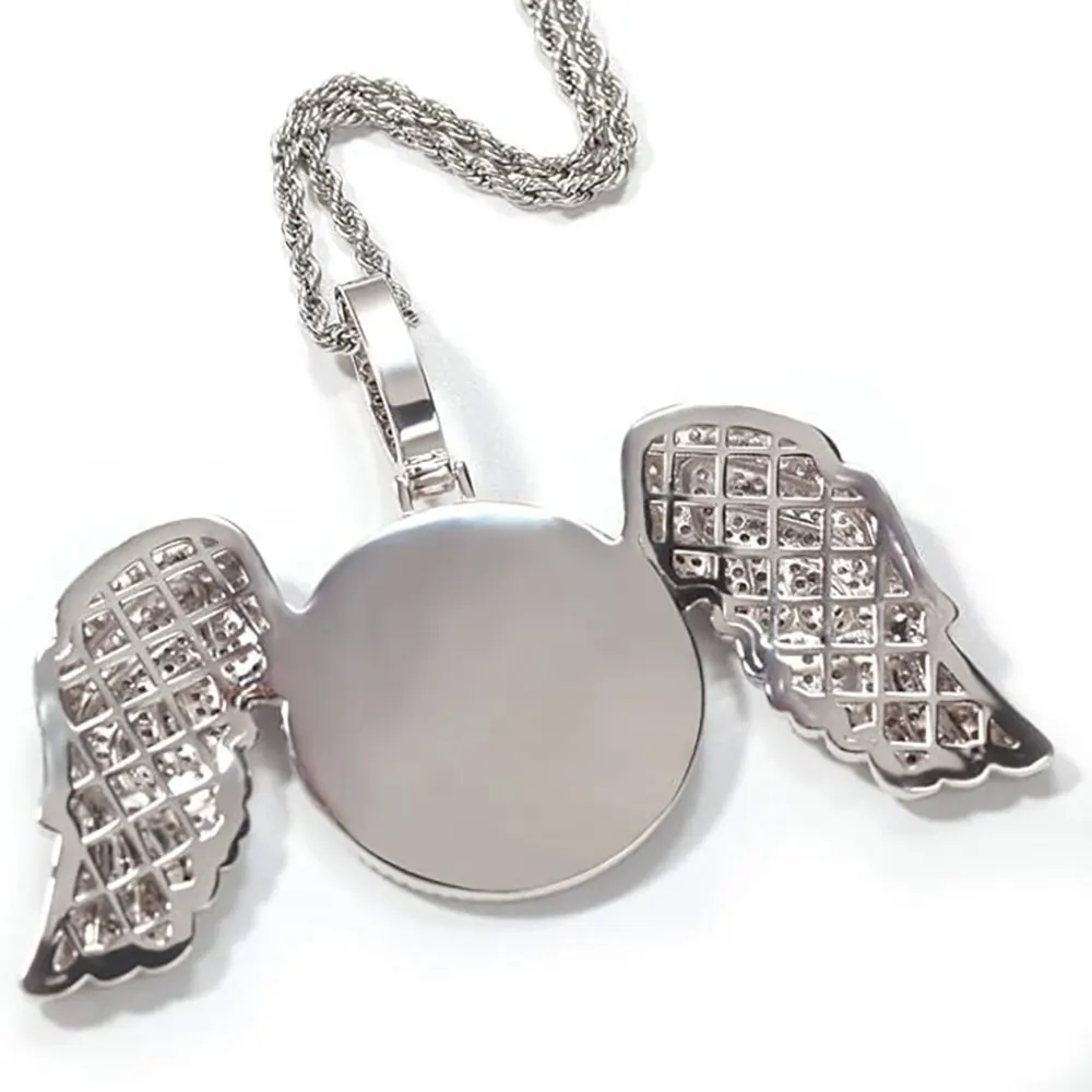 Custom Big Angel Wing Round Photo Necklace Women