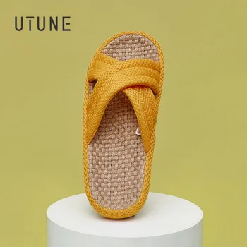 UTUNE 여성용 린넨 슬리퍼, 여름 야외 무소음 가벼운 휴가 여행 편안한 신발, 미끄럼 방지 플랫 두꺼운 밑창 홈 슬라이드