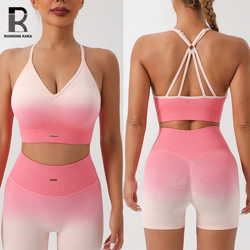 

RUNNING KAKA 2 Piece Women's Yoga Set Fade Color Seamless High Waisted Gym Shorts Sports Bra Shockproof Breathable Fitness wear