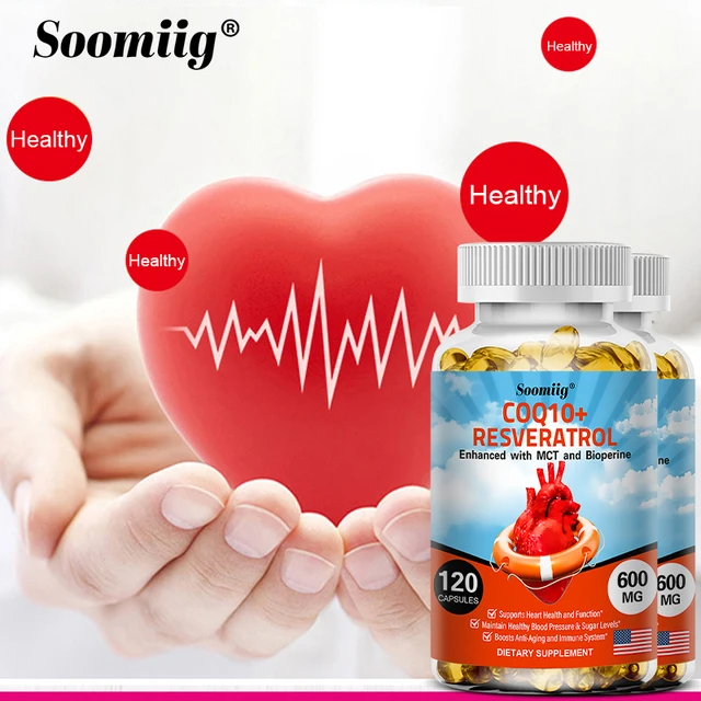 Soomiig 120 Capsules CoQ10 + Resveratrol Capsules Supplement, Support Energy, Vitamins, Heart Health and Blood Pressure Levels