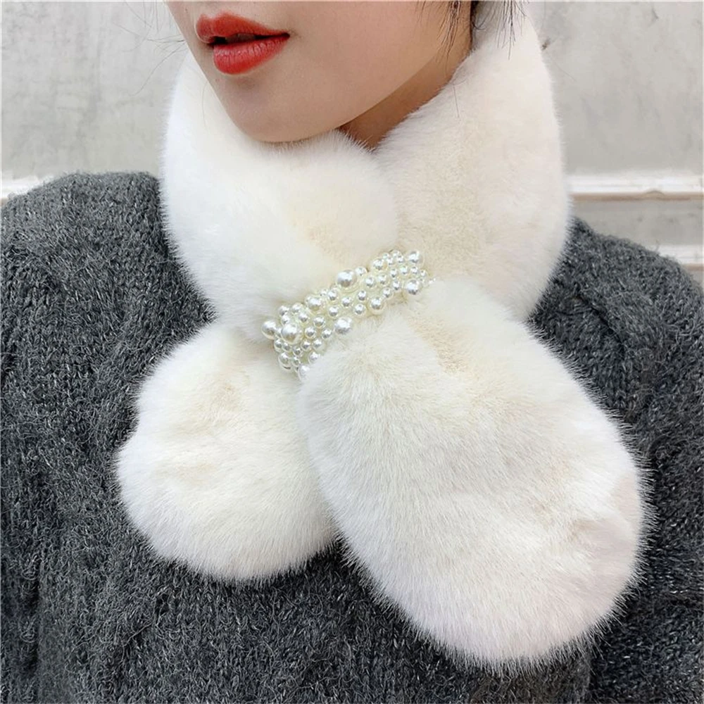 Pearl scarf winter thickened Korean cross-warming wool rabbit-like neck collar