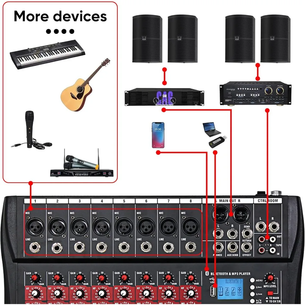 CT-80S Professional audio mixer 8 Channel with MP3 Player+Bluetooth U disk 48V Phantom Power Source USB recording 5