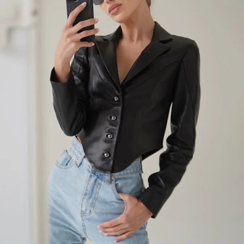 2022 Winter Fashion Trend Women's New PU Leather Single-breasted Temperament Short Top Long-sleeved Suit Collar Slim Cardigan