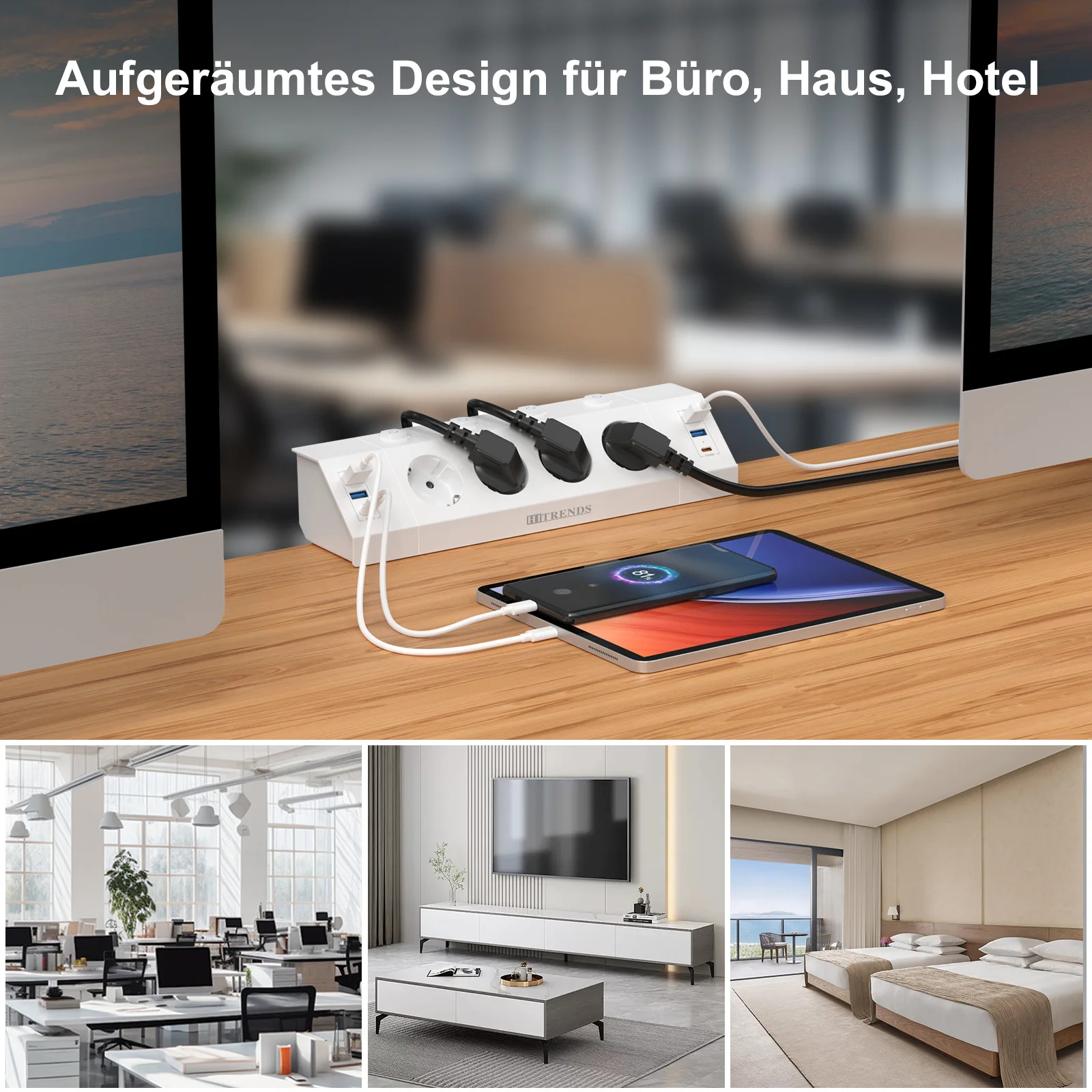 Eu Plug Multi-function power strip with desktop clamp 4 AC power outlets 4 USB-A and 2 USB-C 2 meter cable independent switches 6