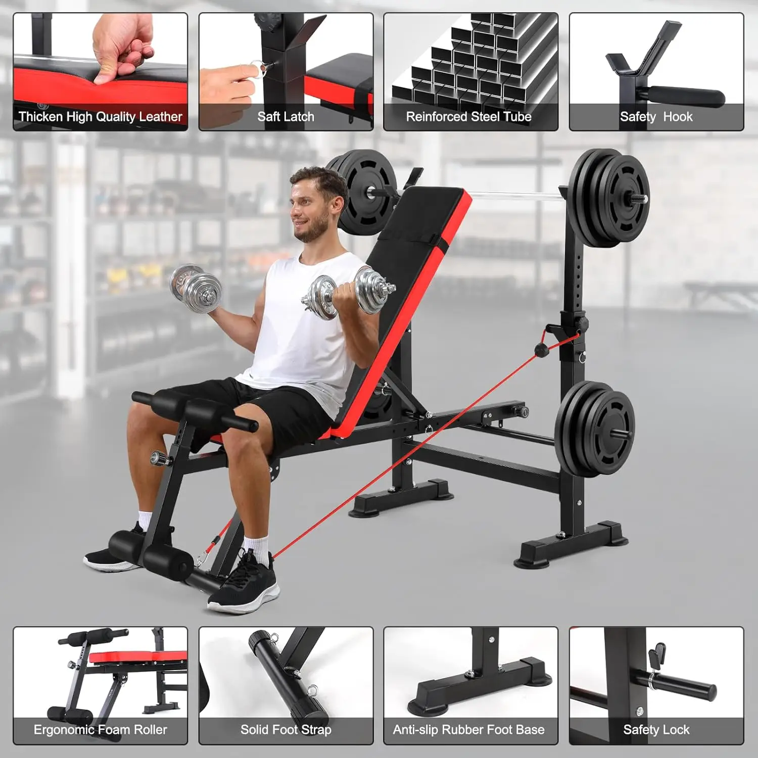 6 in 1 Adjustable Weight Bench with Squat Rack and Removable Foot Bracket, 600lbs Bench Press Set Workout with Weight Stor
