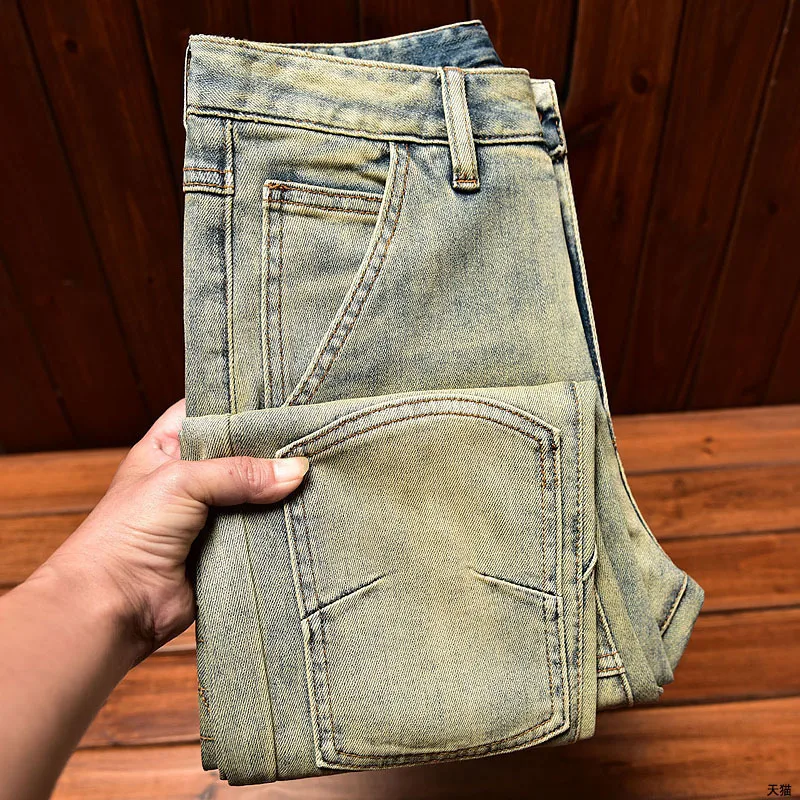 New trendy brand jeans for MEN'S motorcycle water wash retro slim fit straight leg elastic trendy and versatile denim pants