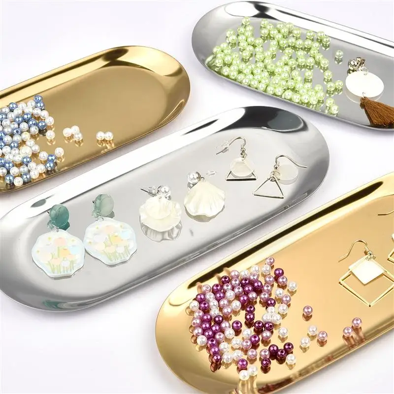 

Jewelry Display Stainless Steel Tray Earrings Storage Holder Ring Display Organizers Desktop Sundries Jewelry Storage Oval Disk