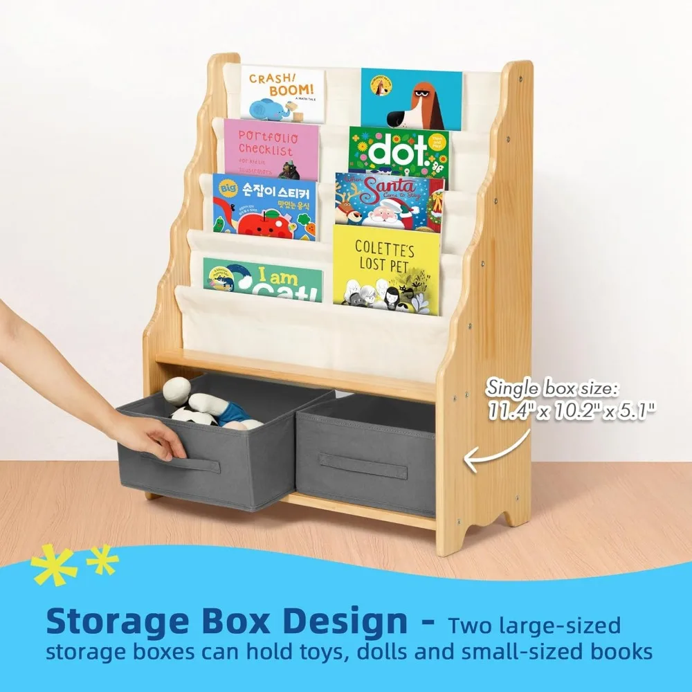27.6" L x 11" W x 34" H Toddler Bookshelf Equipped with 4 Sling Book Shelf 2 Toy Organizer Shelves and Storage Boxes 4