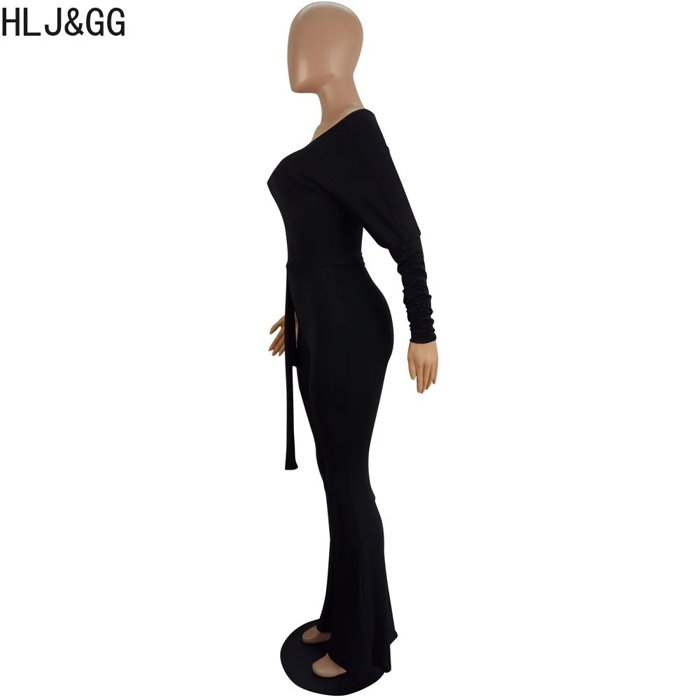 HLJ&GG Black Sexy Solid Off Shoulder Lace Up Jumpsuits Women Long Sleeve Flared Pants One Piece Playsuits Casual Slim Overalls