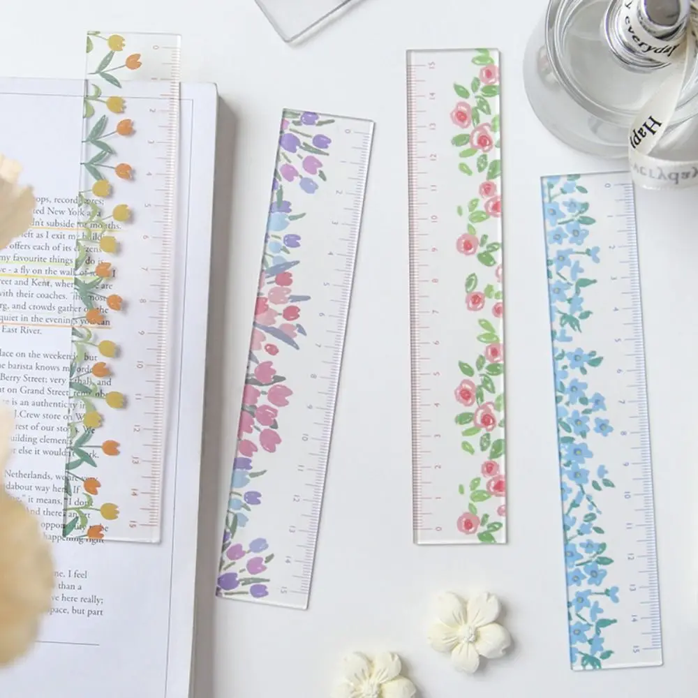 15cm Straight Ruler Creative Transparent Multifunction Flower Bookmark Tulip Acrylic Drafting Ruler Student