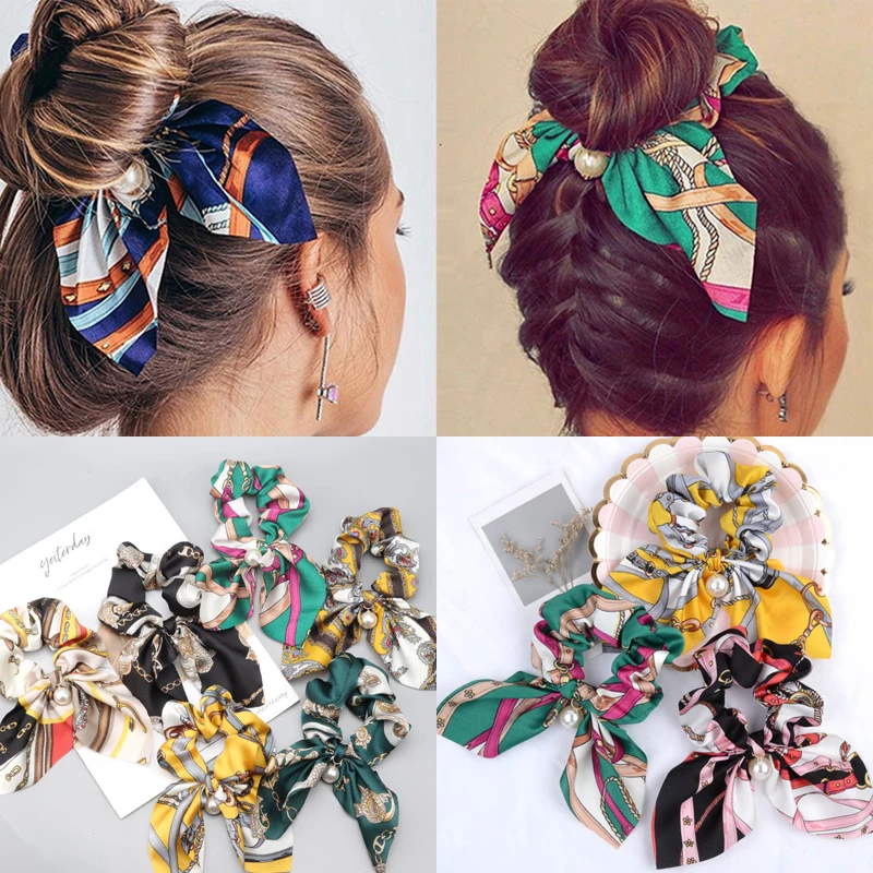 New Chiffon Bowknot Elastic Hair Bands For Women Girls Solid Pearl