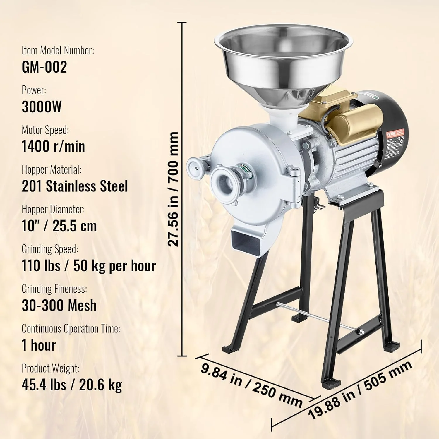 Electric Grain Mill Grinder, 3000W Spice Grinders, Commercial Corn Mill with Funnel, Thickness Adjustable Powder Machine