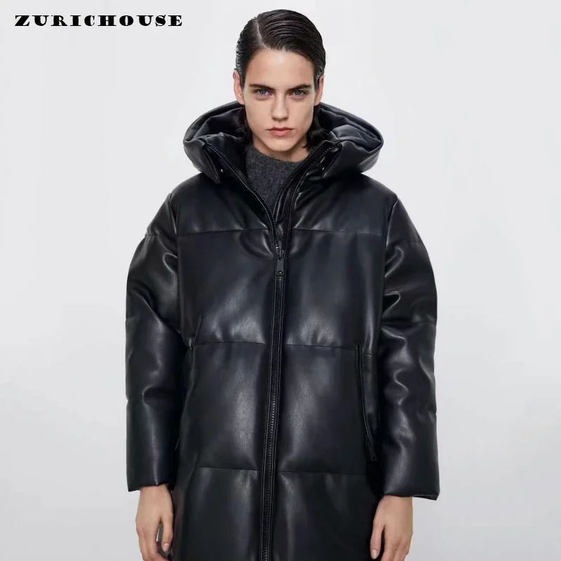 

PU Leather Parkas Women's Long Hooded Outerwear 2024 Fashion Thicken Warm Soft Black Faux Leather Jackets Winter Coat Female