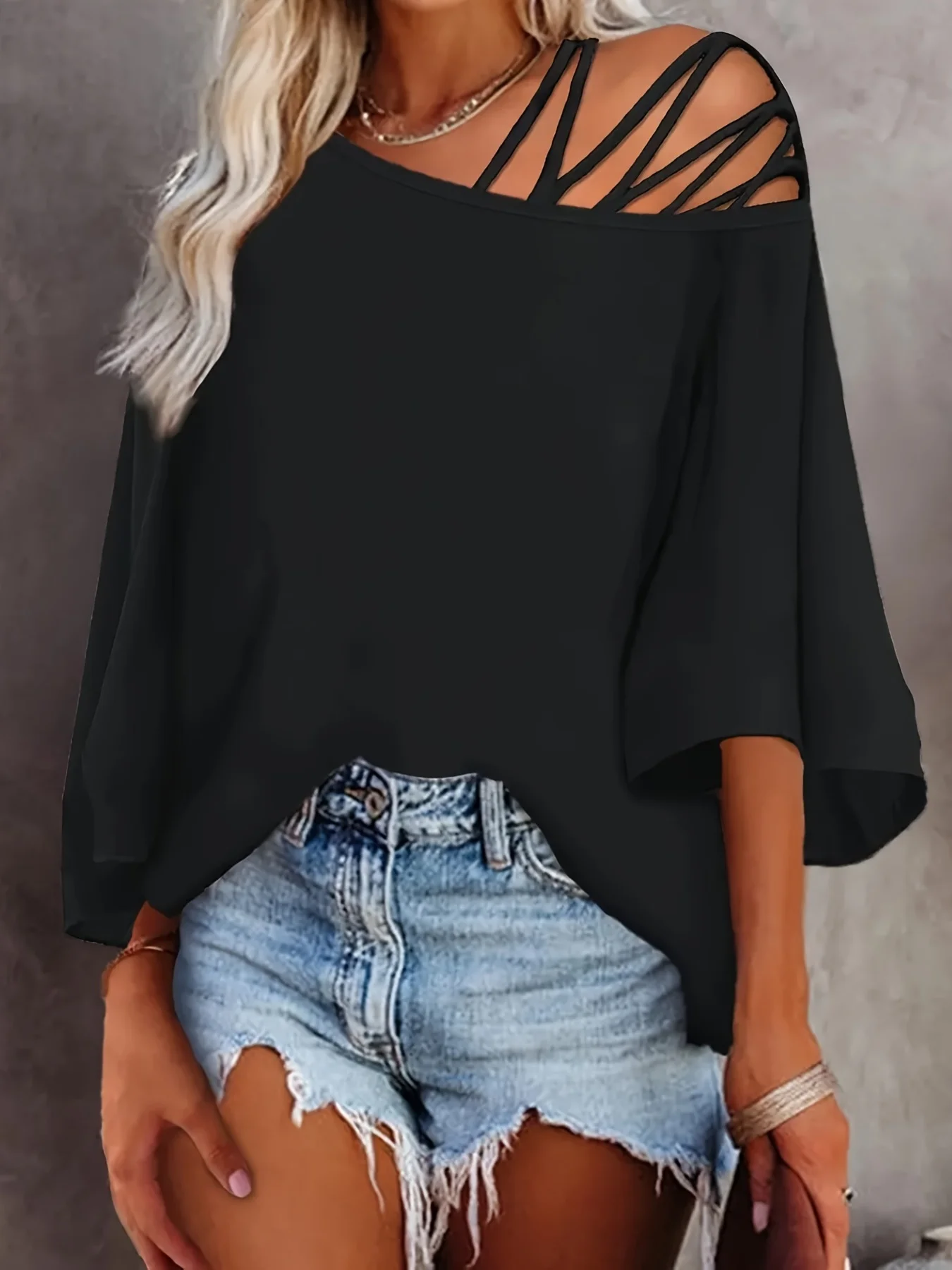 All-Over Print Women's Cold Shoulder T-shirt With Criss Cross Strips main image 0