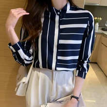 

Blue Striped Women's Shirt Blouses for Women Long Sleeve Ladies Tops Polo Neck Asymmetric Clothing Woman 2022 Basic Shirts Women
