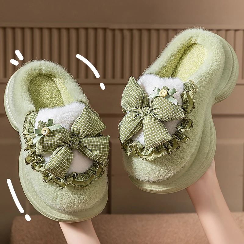Lovely Bowknot Decor Fluffy Slippers for Women 2025 Indoor Non Slip Warm Cotton Slides Woman Thick Sole Plush Slippers Female