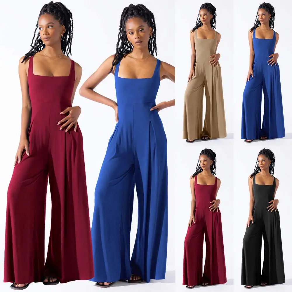 

Woman Knitted Suspender Wide Leg Jumpsuit Elegant Solid Colour Spaghetti Strap Loose Jumpsuit 2024 Summer New Casual Lady Wear