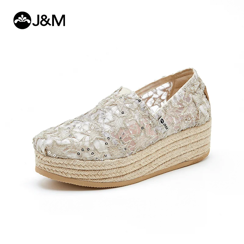 

J&M Casual Shoes Women Loafers Wedges Espadrilles Mesh Breathable Shoes Summer Platform Slip-on Fisherman Shoes Beige Sneakers