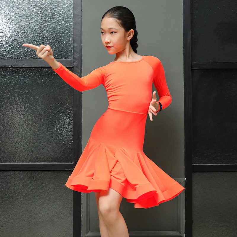 

Children Long-sleeved Latin Dance Practice Clothes Slim Dress with Swing Skirt Girls Professional Latin Performance Dress L22304