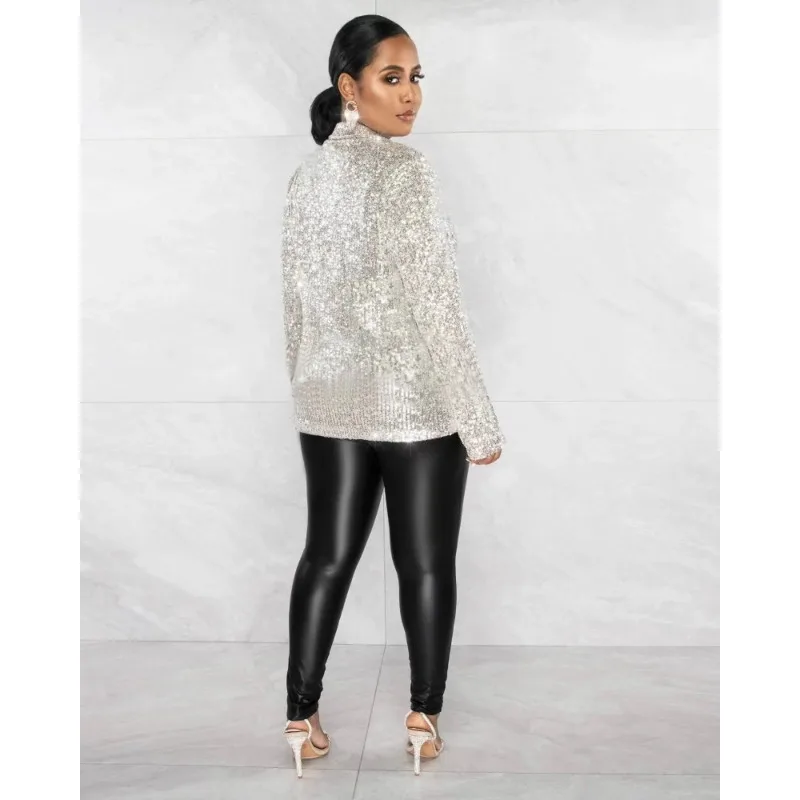 Sequins Women Casual Blazer Top Fashion Turn Down Collar Long Sleeve Single Breasted Slim Club Party Coat Sparkling Y2K Jackets