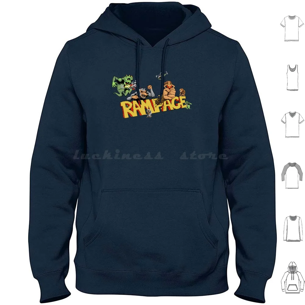 Felpa Con Cappuccio Rampage Cotone Manica Lunga Commodore Schermo Amiga Computer Retro Classic Pixel Geek Videogioco Sprite Rampage