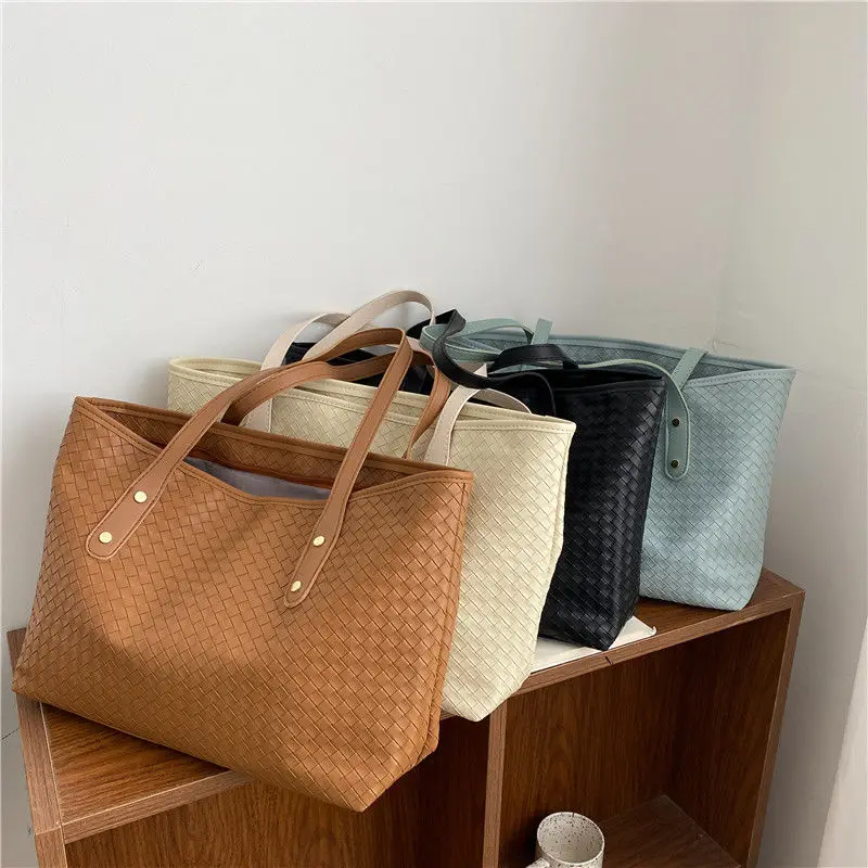 Large Handbags For Women For Work Weave Black Leather Tote Bags For School  Big Beige Shoulder Bag Shopper With Zipper 2022 New - Shoulder Bags -  AliExpress