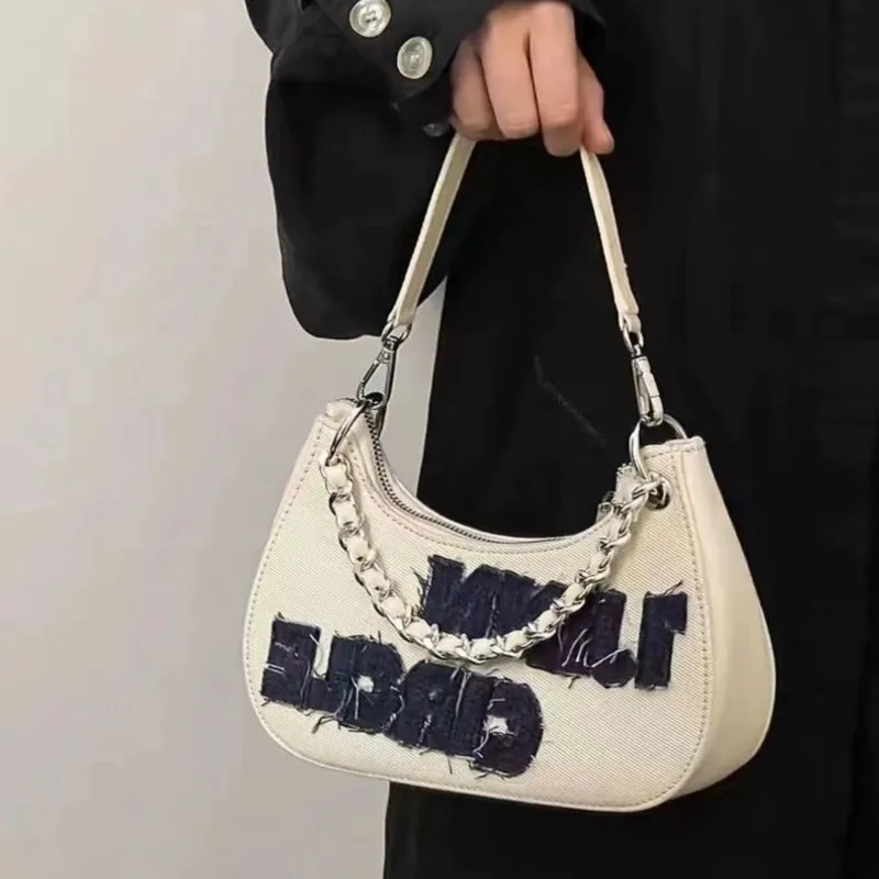 JIAERDI Hot Girl White Letter Canvas Bag Women Sweet Cool Chain Chic Shoulder Bags Ladies Fashion Casual Underarm Crossbody Bag
