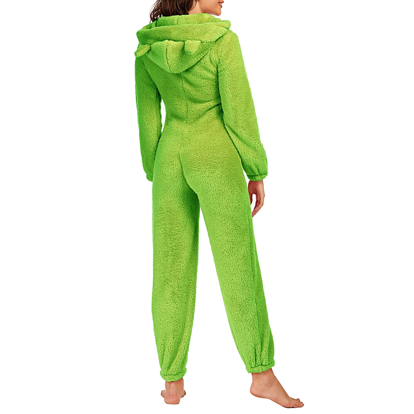 Women Winter Warm Plush Romper Pajamas Solid Color Long-Sleeve Zipper High Neck Hooded Homewear S/M/L/XL/2XL