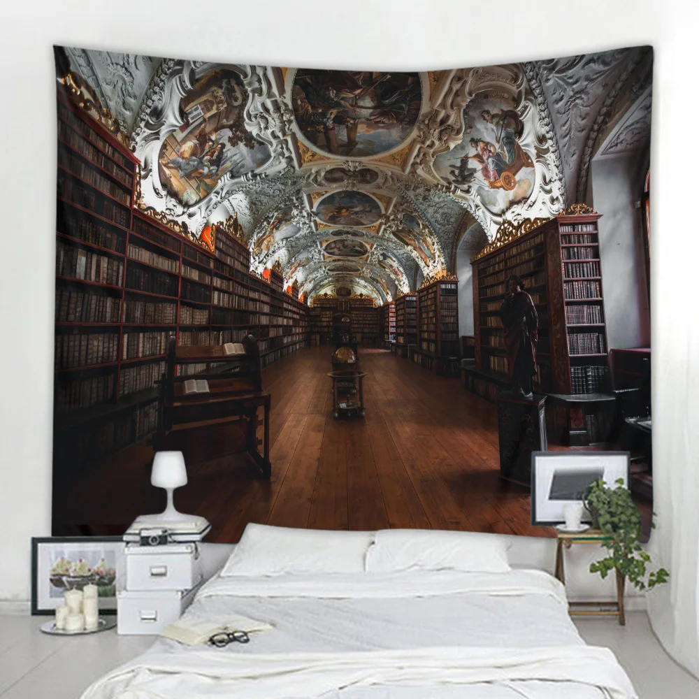 

Background Cloth Vintage Art Library Bookshelf Living Room Tapestry