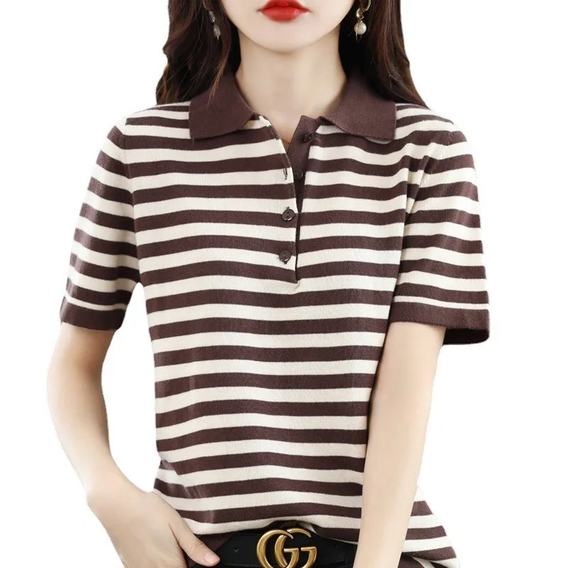 WinvyNee Summer Women's Solid Polo Shirt Striped Short Sleeved Top Casual Cotton T Shirt Women Casual Knitted Clothing A1002003