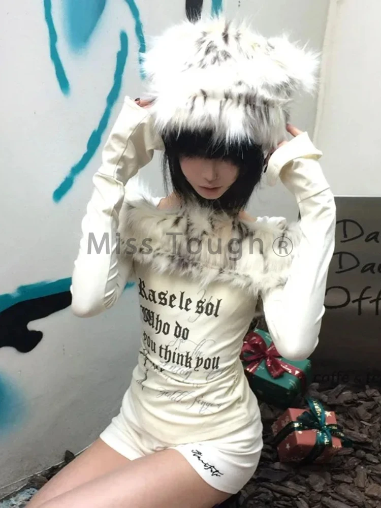 Japanese Y2k Fur Collar Tops 2000s Aesthetics Off Shoulder Fashion