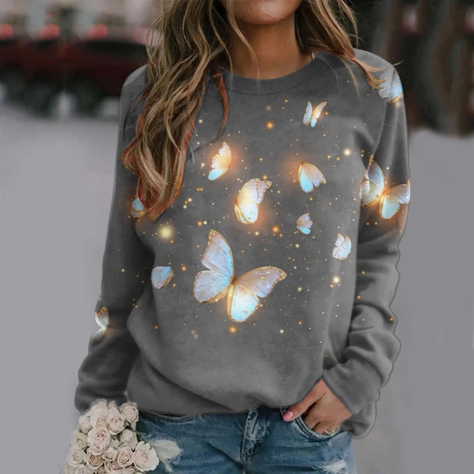 Women Pullover Y2k Sweatshirt Pinup Butterfly Printed Round Neck Long Sleeve Hoodies Autumn Loose Soft Fashion Tracksuit Tops